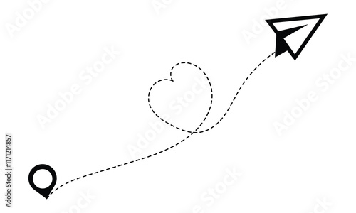 Airplane line path routes. Airplane travel concept with location map. Cartoon picture with paper jet plane flight route of heart dotted line. Vector illustration.