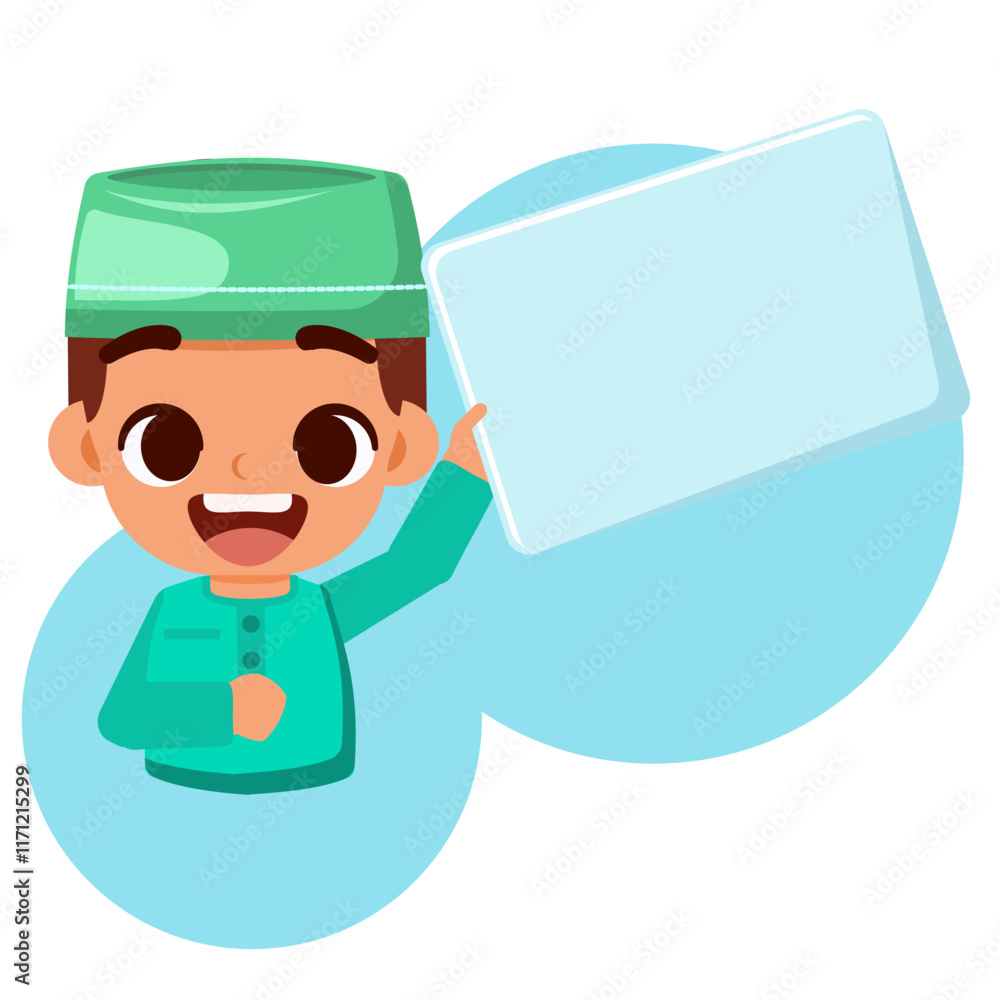 Muslim boy is carrying blank paper, cute green boy with copyspace area with big smile Muslim boy is carrying blank paper, cute green boy with copyspace area with big smile