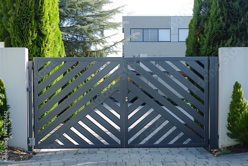 A sleek gray metal gate with a diagonal slat pattern and no visible hardware photo