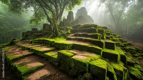 Mossy stone steps, ancient temple ruins in misty jungle
