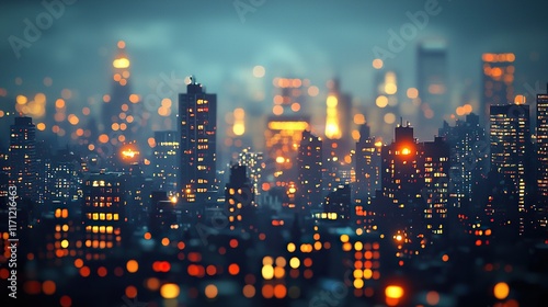 Blurred cityscape at night with glowing lights in background. photo