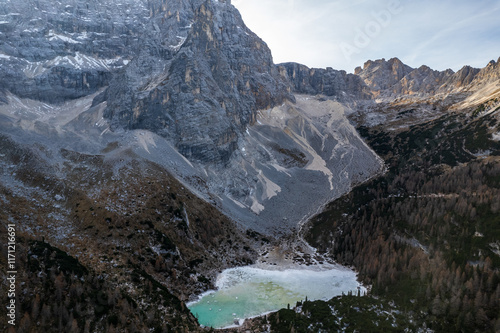 Lake Sorapis close to Cortina in dolomiti ampezzo italy photo