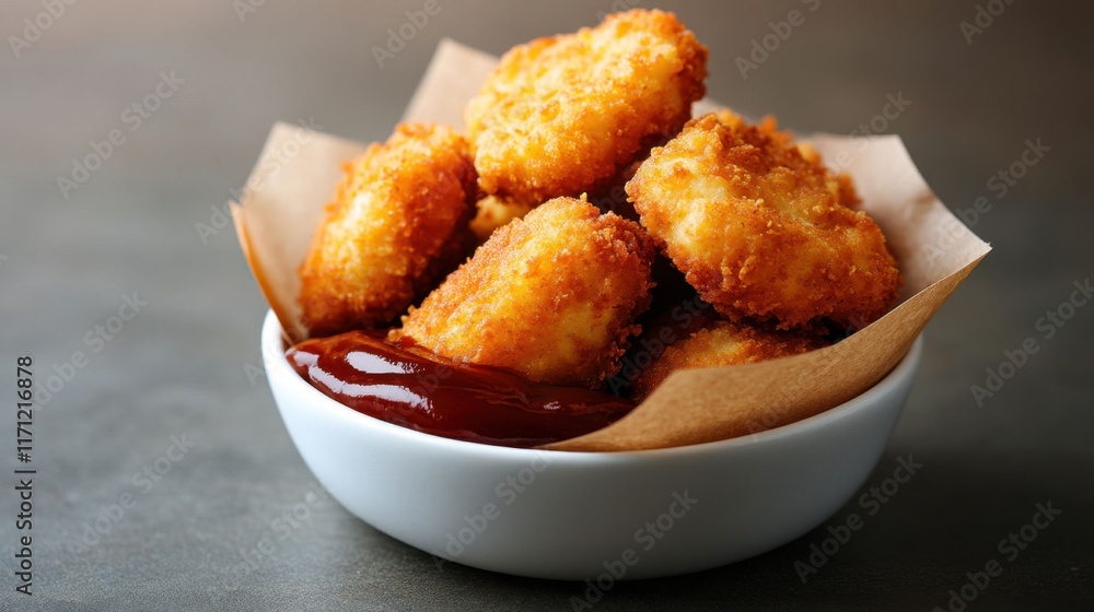 Crispy Chicken Nuggets with Ketchup Served in White Bowl Crispy Chicken Nuggets with Ketchup Served in White Bowl