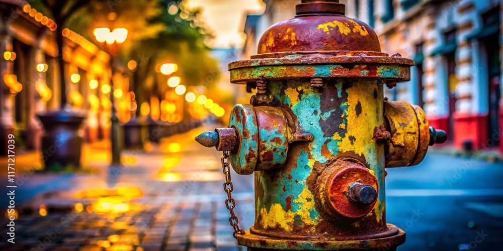 Fototapeta premium Vintage Fire Hydrant Portrait Photography: Rustic Charm and Urban Decay