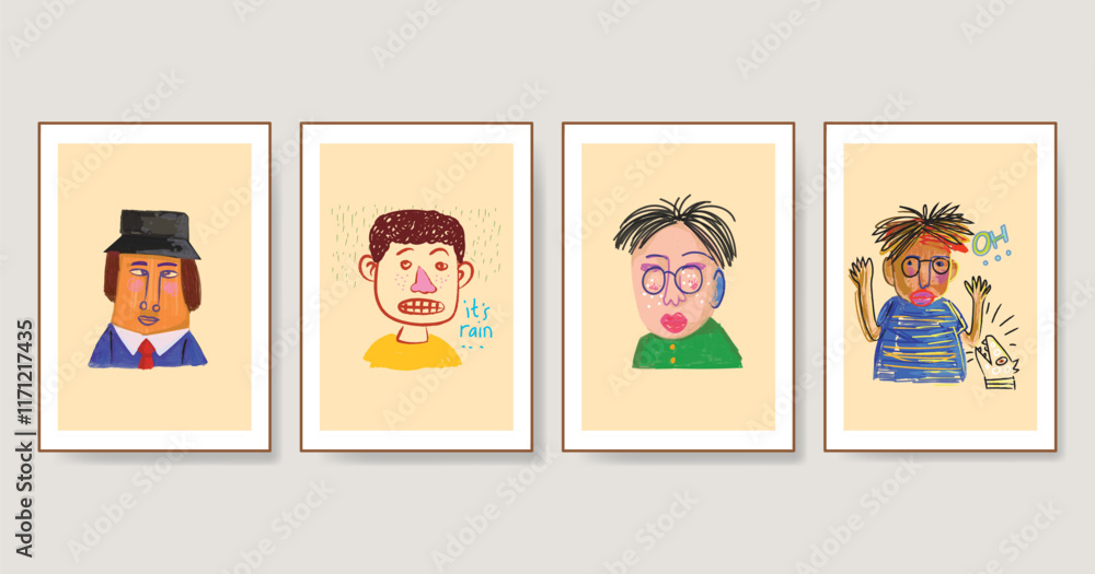 Set of cartoon face portrait rough hand drawn vector illustration. Cute childish style design for art print, decoration, wall art and cards. Set of cartoon face portrait rough hand drawn vector illustration. Cute childish style design for art print, decoration, wall art and cards.