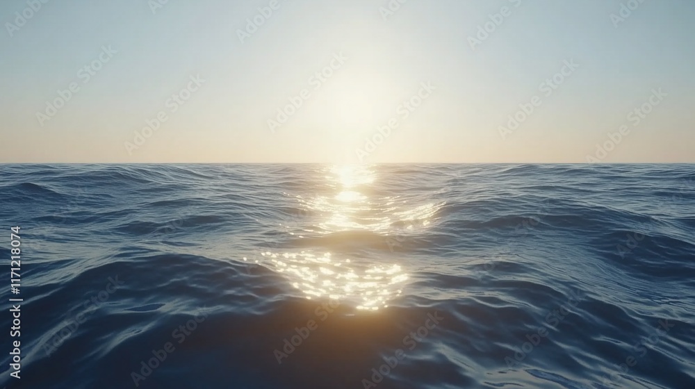 Obraz premium Ocean sunset, golden reflection on waves, tranquil seascape background