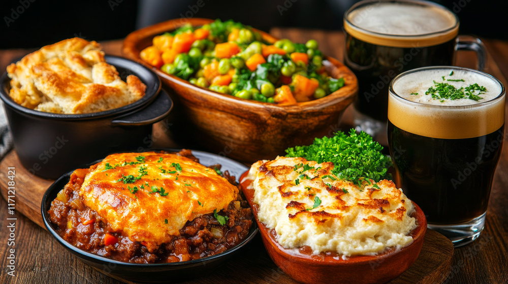 Delicious Comfort Food Spread with Savory Dishes and Refreshing Beverages on a Wooden Table Delicious Comfort Food Spread with Savory Dishes and Refreshing Beverages on a Wooden Table