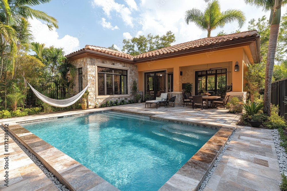Fototapeta premium Miami home backyard with small pool, patio, outdoor dining set, hammock, palm trees, and fenced yard.