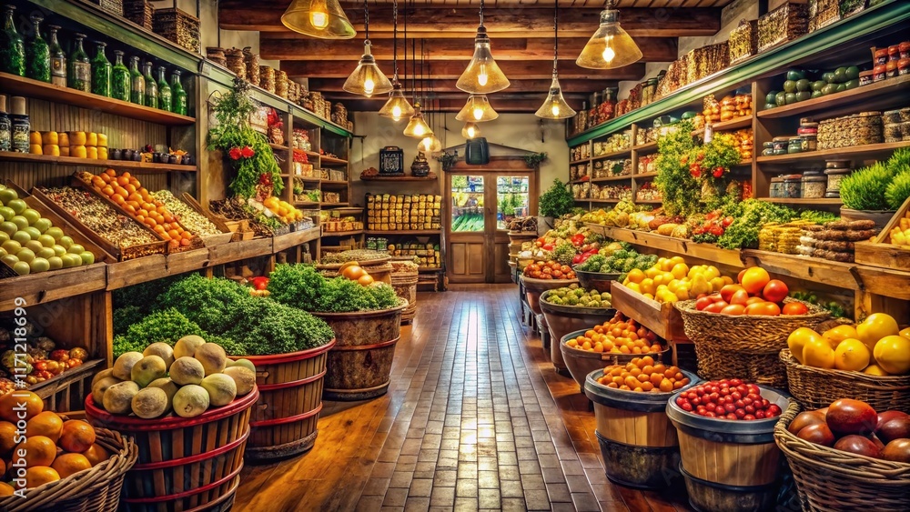 Fototapeta premium Vintage Grocery Store: Diverse Produce & Packaged Goods Display