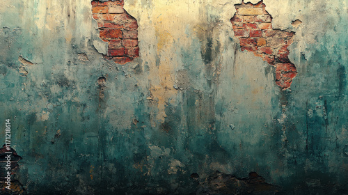 vintage grunge texture wall featuring peeling paint and exposed bricks, creating rustic and weathered appearance. This backdrop adds character and depth to any interior space photo