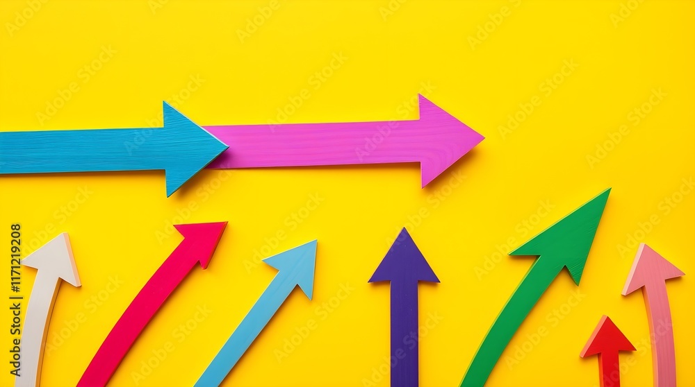 stock photo Colorful arrows pointing upward on a yellow background, symbolizing growth. stock photo Colorful arrows pointing upward on a yellow background, symbolizing growth.