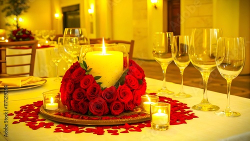 A table setting with a heart-shaped candle centerpiece, elegant wine glasses, and red rose bouquets, under warm golden lighting photo