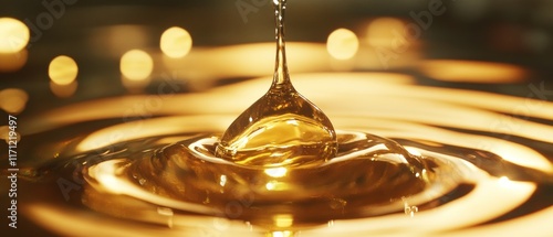 Golden liquid drop impacting surface.