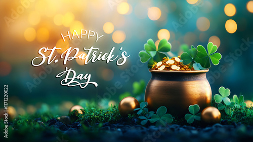 Festive St. Patrick’s Day Pot of Gold with Shamrocks and Golden Orbs on a Blurred Background photo