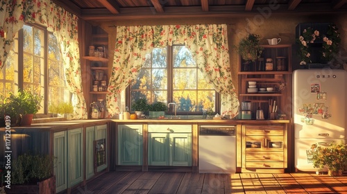 Cozy Rustic Kitchen with Sunlight and Floral Curtains in Autumn