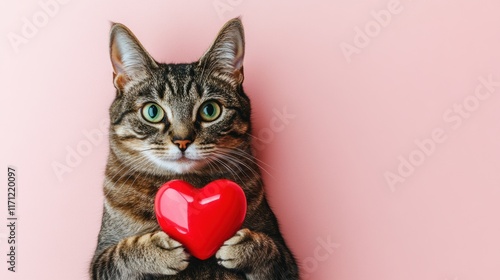 Cute cat with red heart for Valentine’s Day greeting card design