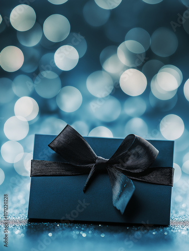 Elegante Geschenkbox mit Schleife auf blauem Hintergrund. Festliches Motiv für besondere Anlässe wie Valentinstag, Weihnachten und Muttertag photo