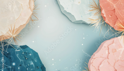 Colorful geometric rocks and crystals on a soft blue background with copy space
