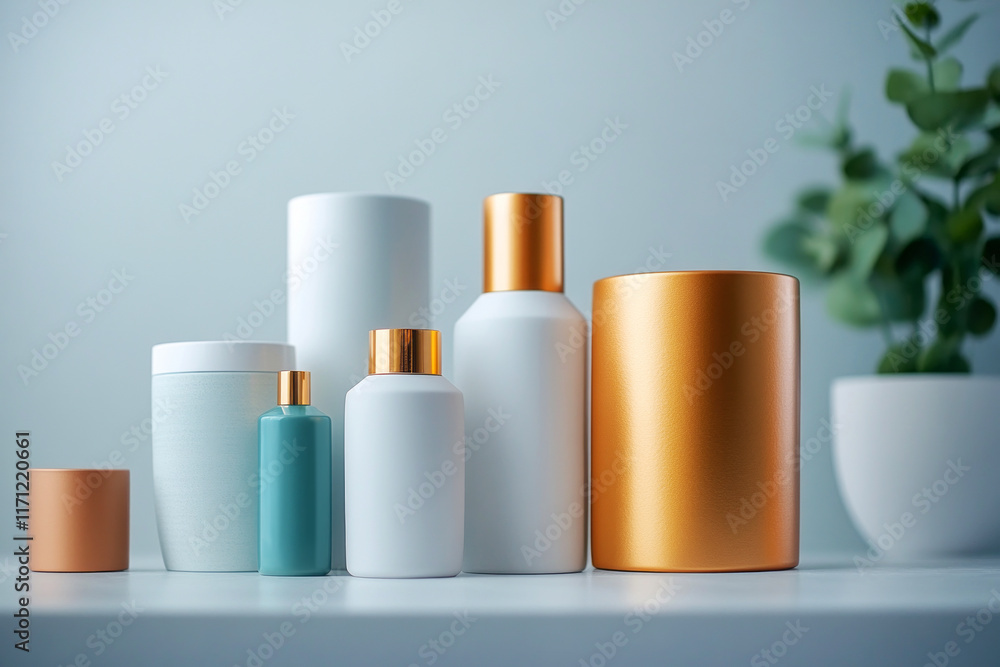 Fototapeta premium Minimalist Arrangement of Beauty Products on a Soft Blue Background in a Modern Setting