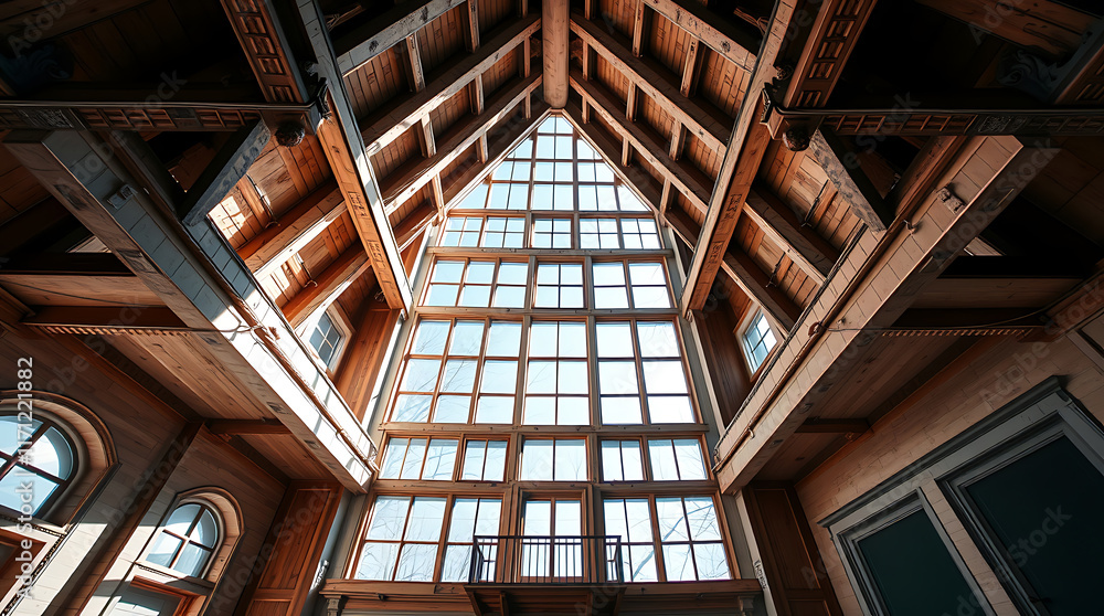 Interior view of a building's triangular structure showcasing exposed wooden beams and a large, multi-paned window that dominates the central area. Natural light streams through the window. Interior view of a building's triangular structure showcasing exposed wooden beams and a large, multi-paned window that dominates the central area. Natural light streams through the window.