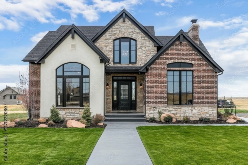 Obraz premium This stunning house, crafted from beautiful stone and brick, features expansive windows and a meticulously manicured lawn, all nestled in a tranquil rural environment