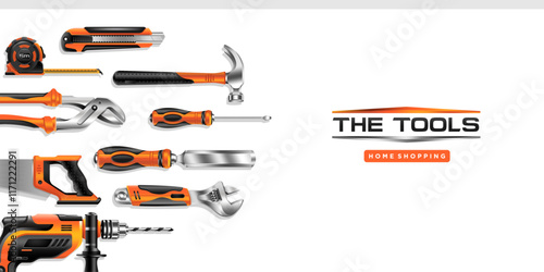 3d black and orange repair tools set realistic vector. Construction concept tools online shop service banner set all of tools supplies for house repair builder on white background vector illustration