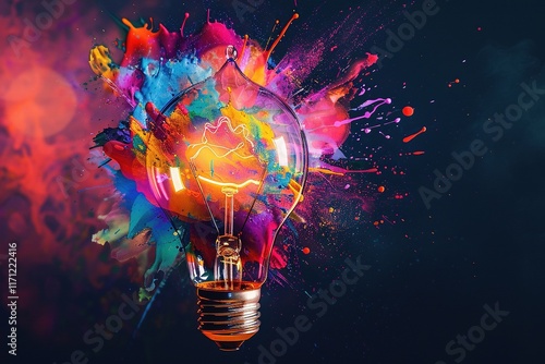 Creative concept of light bulb exploding with colorful smoke