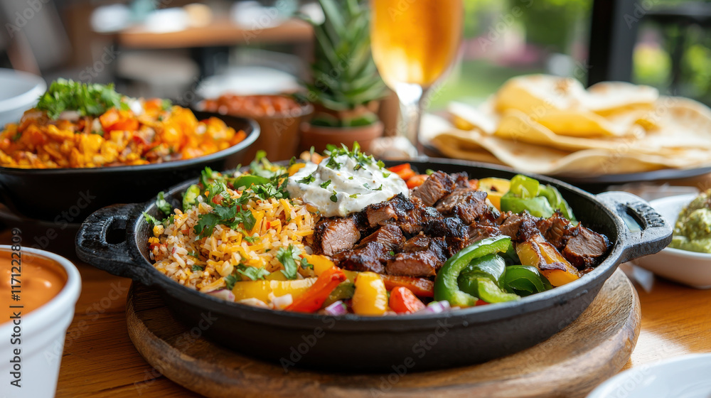 sizzling skillet filled with spicy fajitas, colorful vegetables, and flavorful rice, served with tortillas and refreshing drinks, creating vibrant dining experience sizzling skillet filled with spicy fajitas, colorful vegetables, and flavorful rice, served with tortillas and refreshing drinks, creating vibrant dining experience