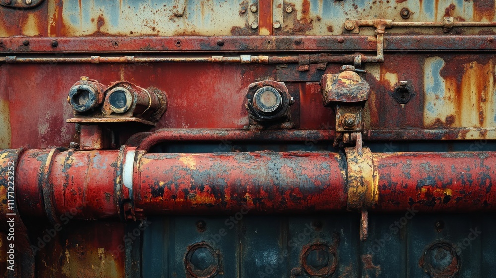 A close-up of rusted machinery with pipes and gauges, showcasing industrial decay. A close-up of rusted machinery with pipes and gauges, showcasing industrial decay.