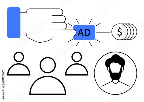 Hand clicking Ad button connected to dollar coins, three audience figures, and a profile icon. Ideal for pay-per-click, online advertising, marketing, monetization, audience targeting, user