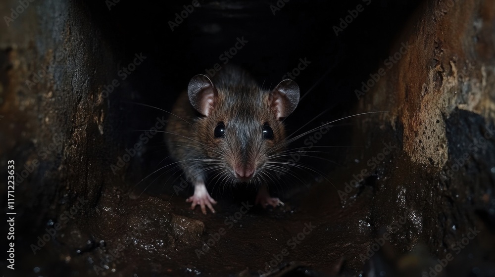 Brown Mouse in a Dark Tunnel Exploring Its Environment at Night