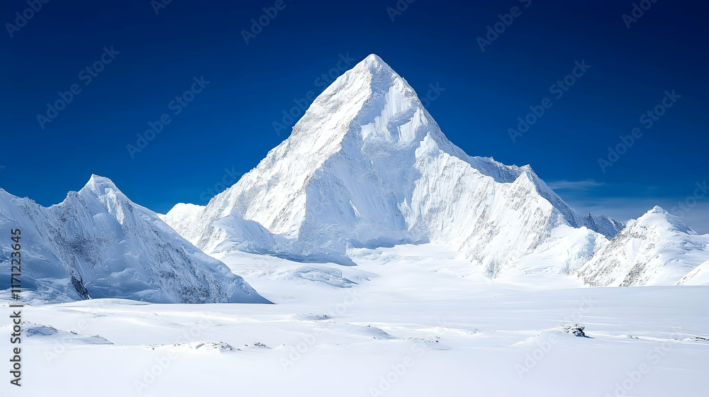 Majestic snow-capped peak, Himalayan range, clear sky, glacier background, travel poster. Majestic snow-capped peak, Himalayan range, clear sky, glacier background, travel poster.