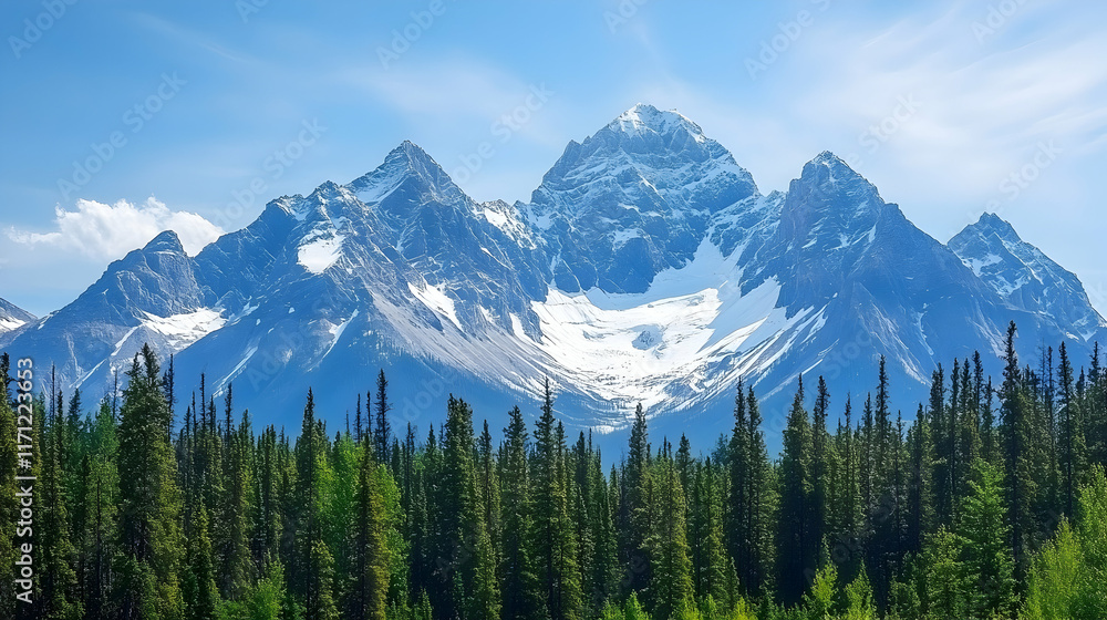 Majestic snow-capped mountains, pine forest foreground, sunny day, Canadian Rockies landscape, travel poster. Majestic snow-capped mountains, pine forest foreground, sunny day, Canadian Rockies landscape, travel poster.