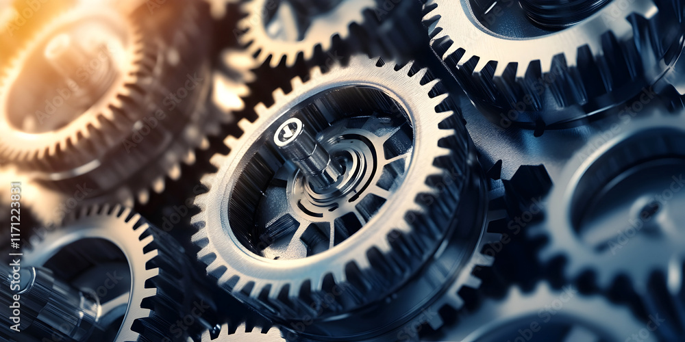 Close-up view of metallic gears interlocking in a machinery setting, showcasing the intricate design and functionality essential for mechanical engineering Close-up view of metallic gears interlocking in a machinery setting, showcasing the intricate design and functionality essential for mechanical engineering