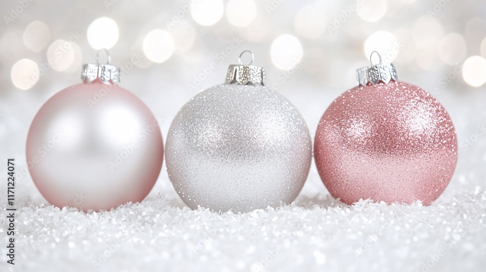 Pink & white Christmas ornaments on snow with bokeh lights Pink & white Christmas ornaments on snow with bokeh lights