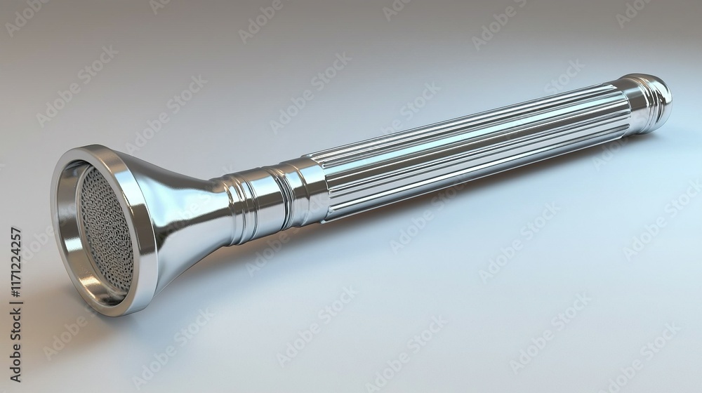 Chrome flashlight on gray background, beam focused, potential safety use. Chrome flashlight on gray background, beam focused, potential safety use.