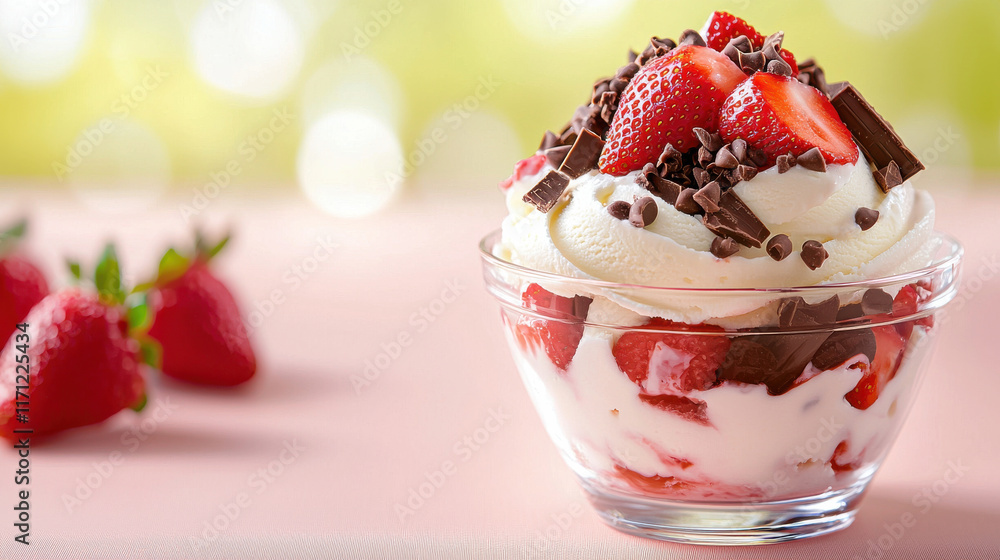 tempting ice cream sundae in glass dish with vanilla, fresh strawberries, and cho te sprinkles, perfect for delightful dessert experience tempting ice cream sundae in glass dish with vanilla, fresh strawberries, and cho te sprinkles, perfect for delightful dessert experience