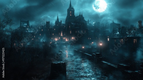 Wallpaper Mural Eerie gothic town at night, full moon, bridge, fog, mysterious atmosphere. Torontodigital.ca