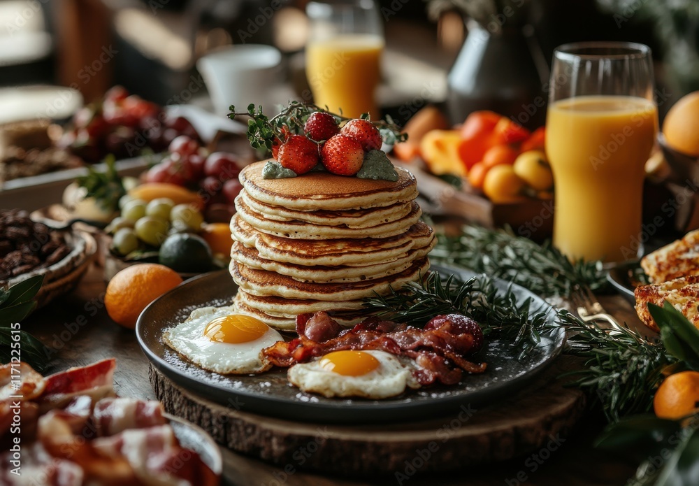 Delicious and Colorful Breakfast Spread with Fluffy Pancakes, Fresh Fruits, Crispy Bacon, and Sunny-Side-Up Eggs on Rustic Wooden Table Setting Delicious and Colorful Breakfast Spread with Fluffy Pancakes, Fresh Fruits, Crispy Bacon, and Sunny-Side-Up Eggs on Rustic Wooden Table Setting