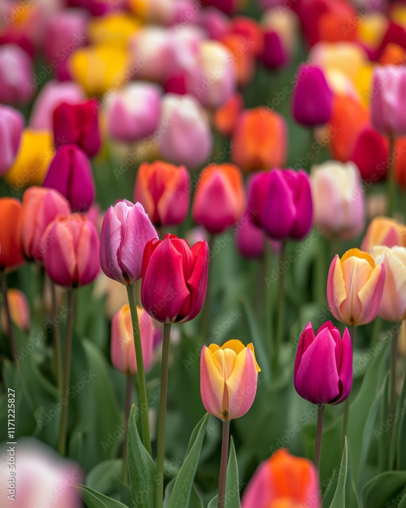 Fototapeta premium A vibrant tulip field showcases a stunning array of colors. Each bloom offers a unique hue and form. Experience the beauty of spring through these delicate flowers. Generative AI