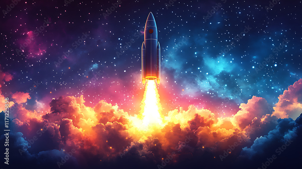 Rocket launching into vibrant nebula, fiery trail. Rocket launching into vibrant nebula, fiery trail.