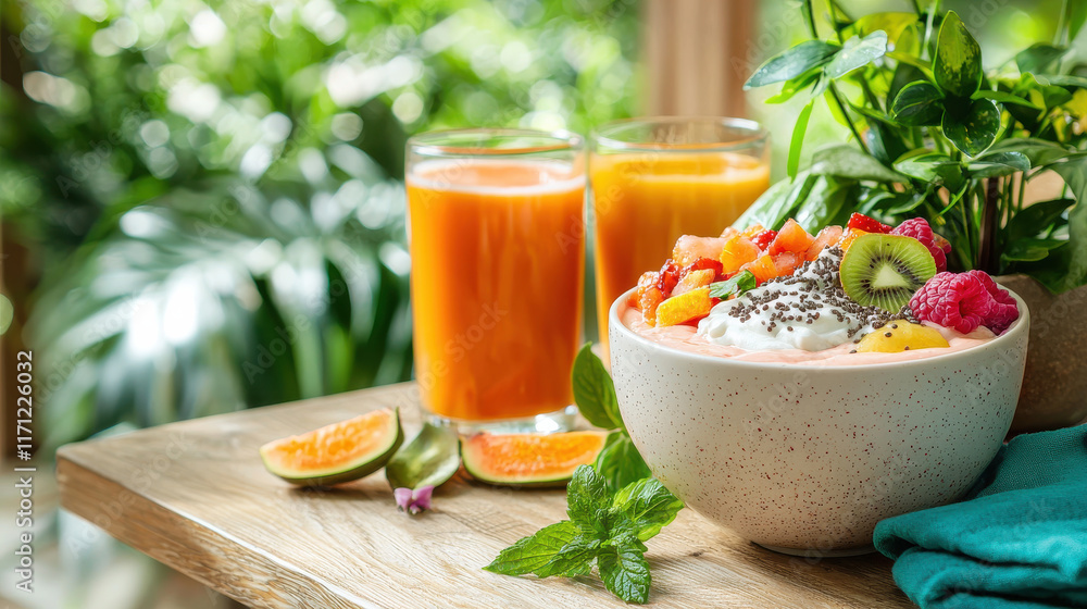 vibrant breakfast in bed featuring smoothie bowl with fresh fruits, yogurt, and chia seeds, complemented by refreshing orange juice. Perfect for healthy start vibrant breakfast in bed featuring smoothie bowl with fresh fruits, yogurt, and chia seeds, complemented by refreshing orange juice. Perfect for healthy start