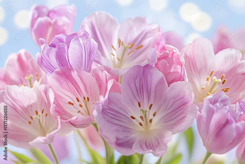 Fototapeta premium Pink tulips bouquet on blue bokeh background for spring greetings