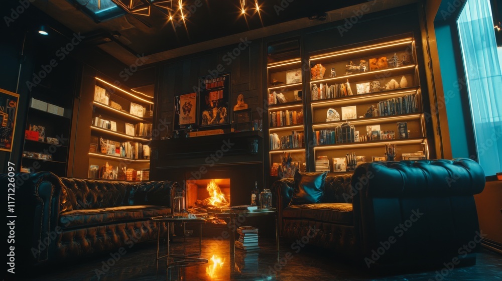 Cozy and Elegant Living Room with Bookshelves, Leather Sofas, and a Warm Fireplace Designed for Relaxation and Comfort in a Modern Interior Space Cozy and Elegant Living Room with Bookshelves, Leather Sofas, and a Warm Fireplace Designed for Relaxation and Comfort in a Modern Interior Space
