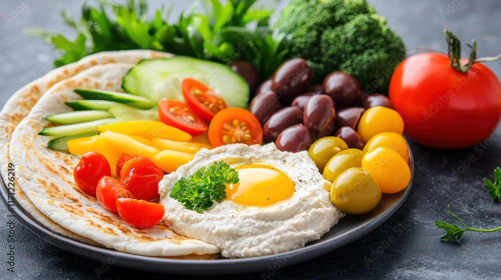 vibrant Mediterranean inspired breakfast plate featuring fresh vegetables, olives, and creamy dip. colorful arrangement includes tomatoes, cucumbers, and herbs, creating healthy and appetizing vibrant Mediterranean inspired breakfast plate featuring fresh vegetables, olives, and creamy dip. colorful arrangement includes tomatoes, cucumbers, and herbs, creating healthy and appetizing