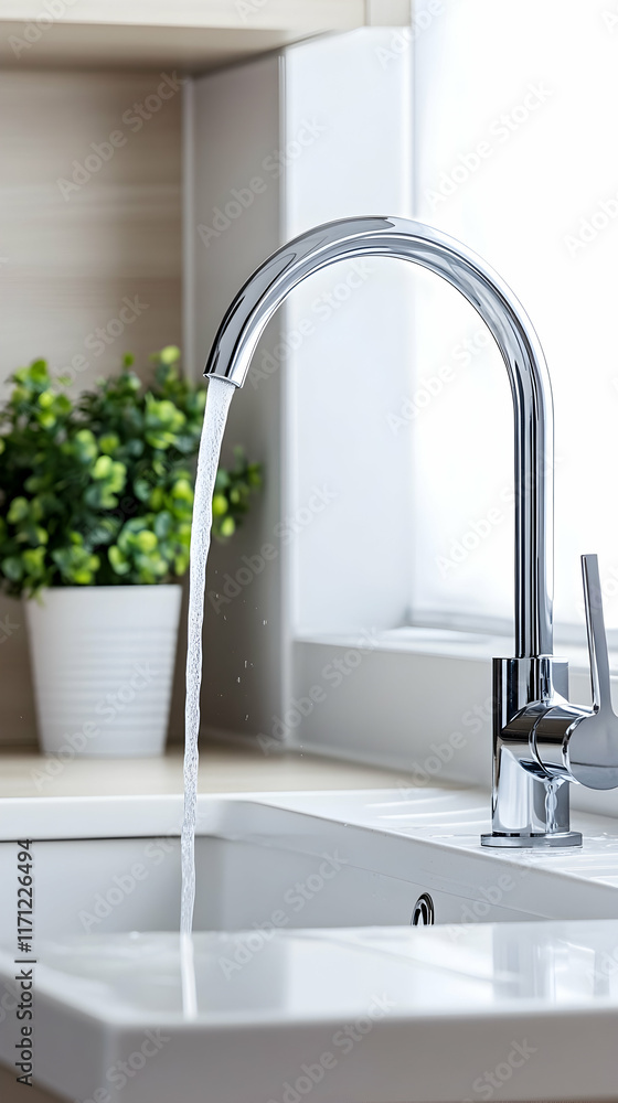 Modern kitchen faucet running water, bright window background, home decor, clean water use. Modern kitchen faucet running water, bright window background, home decor, clean water use.