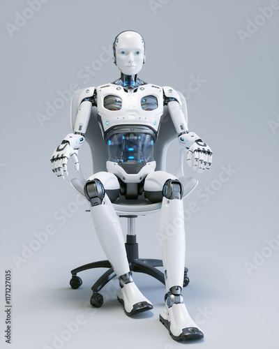 A humanlike robot sits in a chair