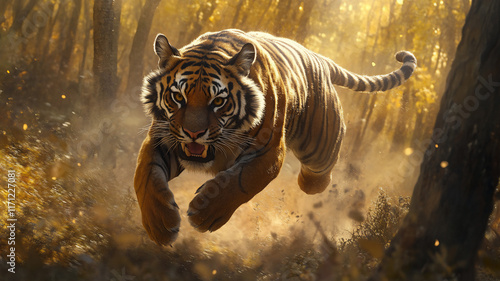 running tiger during mid-day in a forrest with a birds eye view 