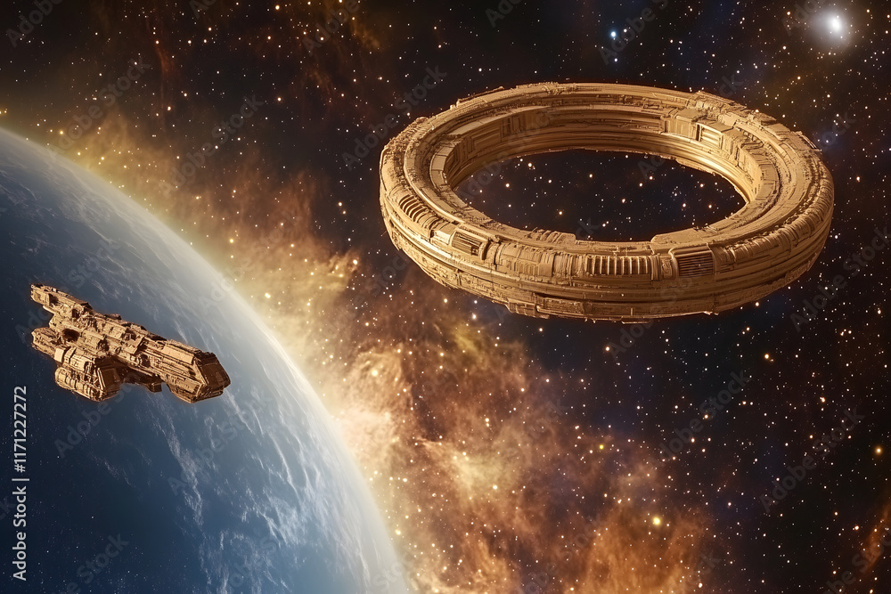 Spaceship orbiting planet with a torus-shaped space station: science fiction scene