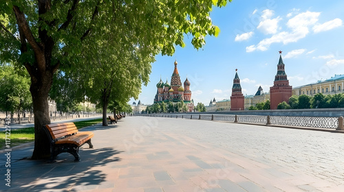 Moscow Red Square sunny morning, empty promenade, St. Basil's Cathedral, travel tourism.